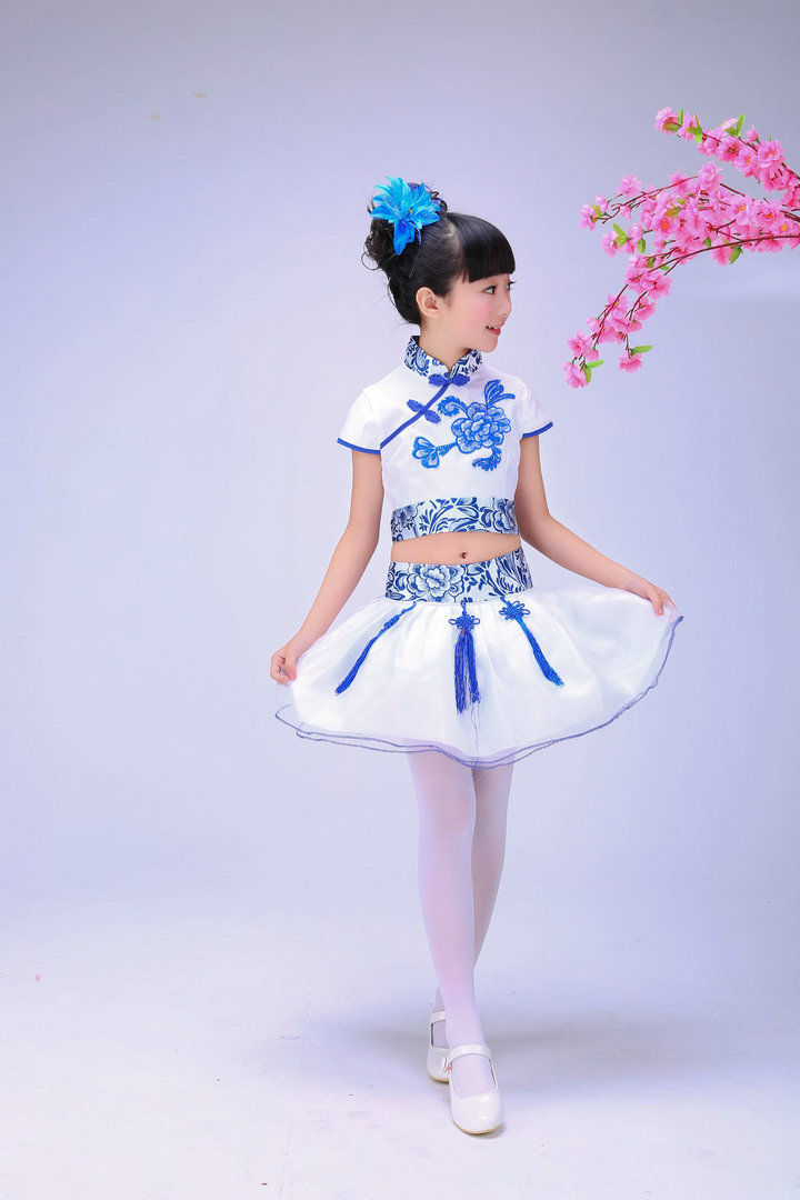 萌萌哒天团帝都同款儿童舞蹈服装青花瓷演出服女青花瓷旗袍演出服演出