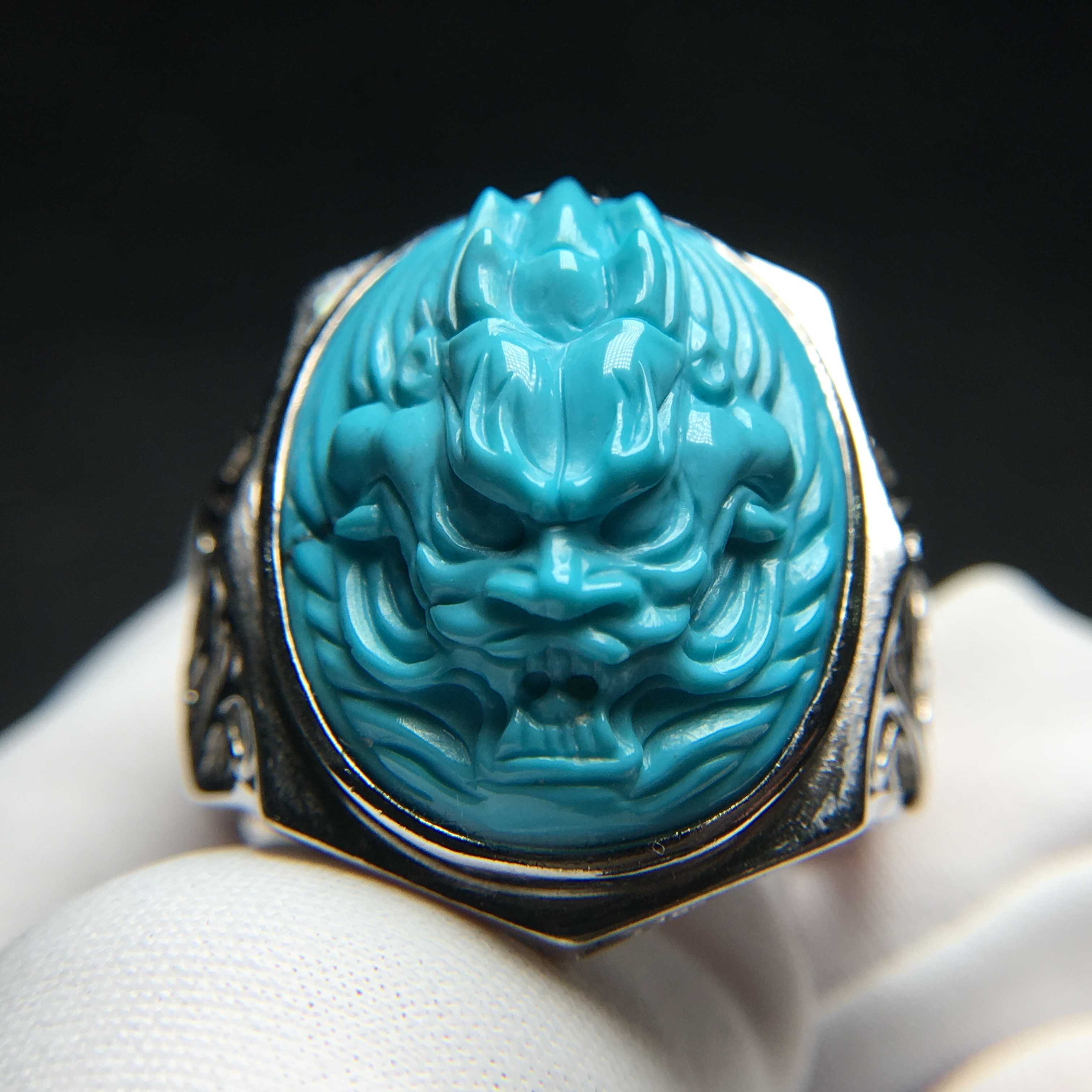 云盖寺天然原矿绿松石高瓷蓝龙戒指s925银镶嵌活口男士时尚指环 jimi