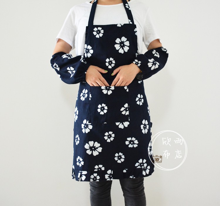 蓝花民族风棉布围裙套袖农家乐饭店围裙 服务员挂脖围裙工作服特