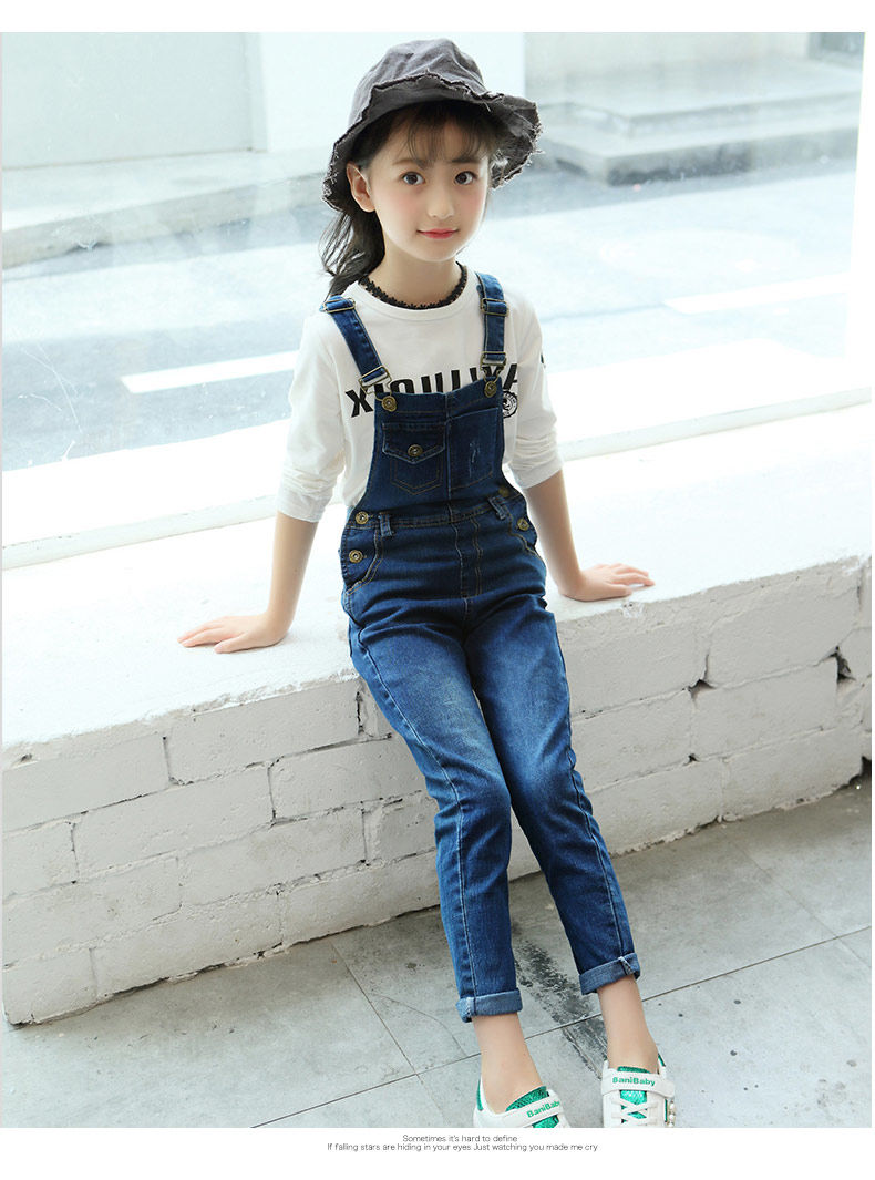 云翔四海2018新款装女童韩版套装小学生背带裤儿童季吊带裤牛仔长裤