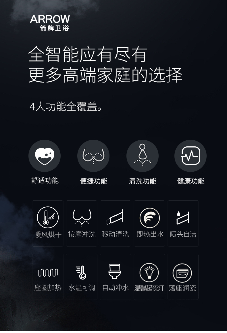 箭牌家用智能马桶翻盖即热式一体机智能坐便器akb1302