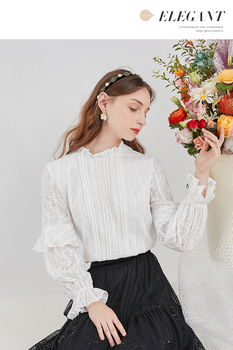 三彩2020冬季新款立领烧花白衬衫花边喇叭袖直筒小衫上衣衬衣女