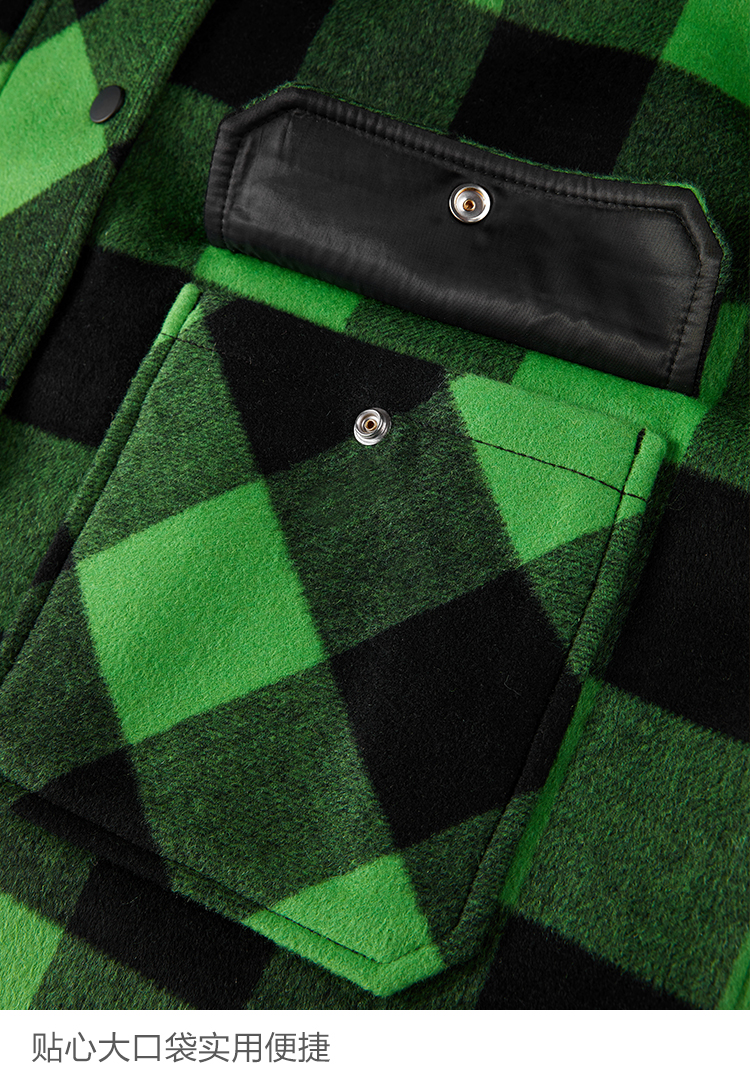 太平鸟绿色格子海军领大衣女冬2019新韩版小个子羊毛毛呢外套女