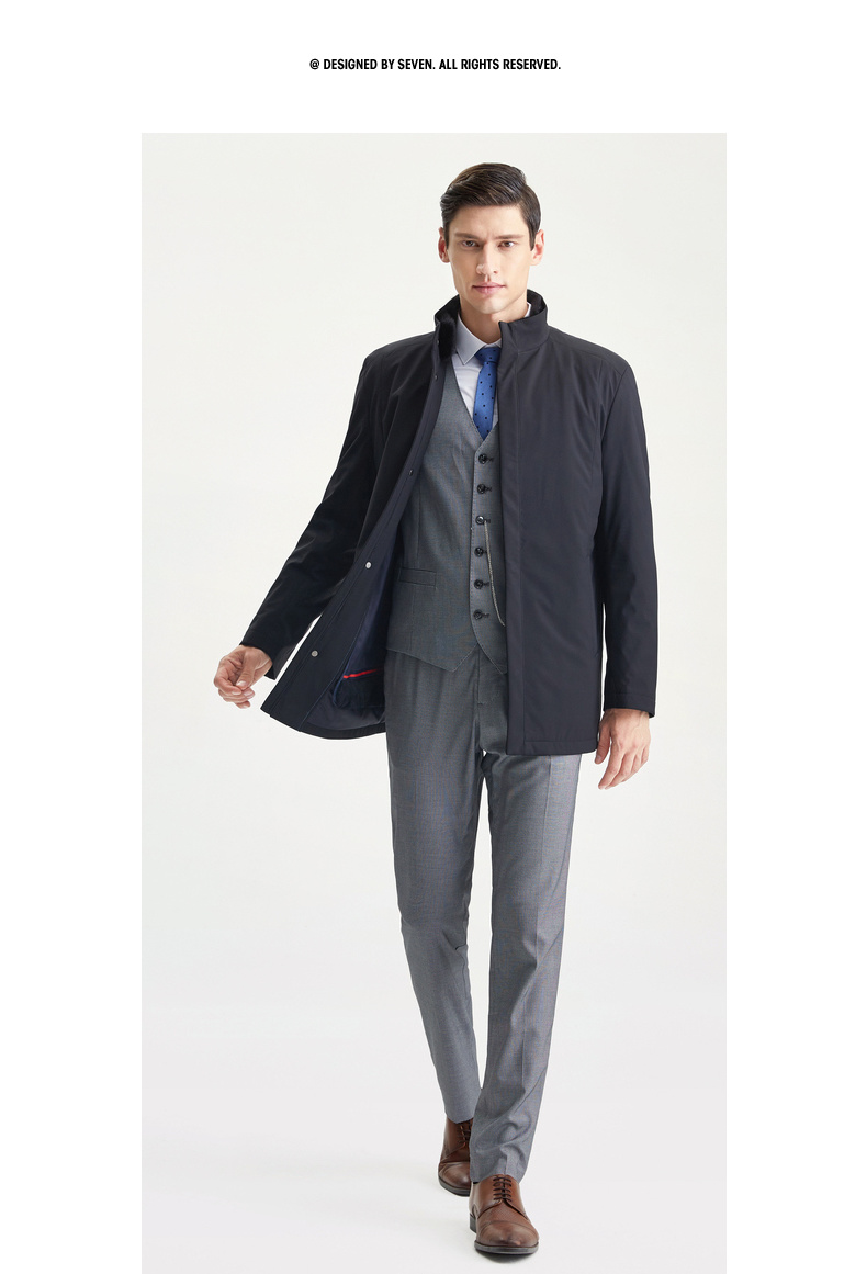 柒牌seven男装秋冬尼克服男士商务休闲立领外套兔毛皮里料保暖大衣