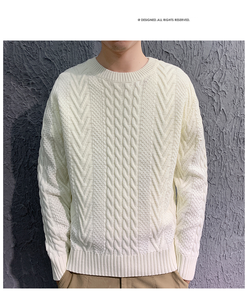 yuansu冬季高领粗线手工编织麻花粗针圆领毛衣男加厚宽松保暖针织衫