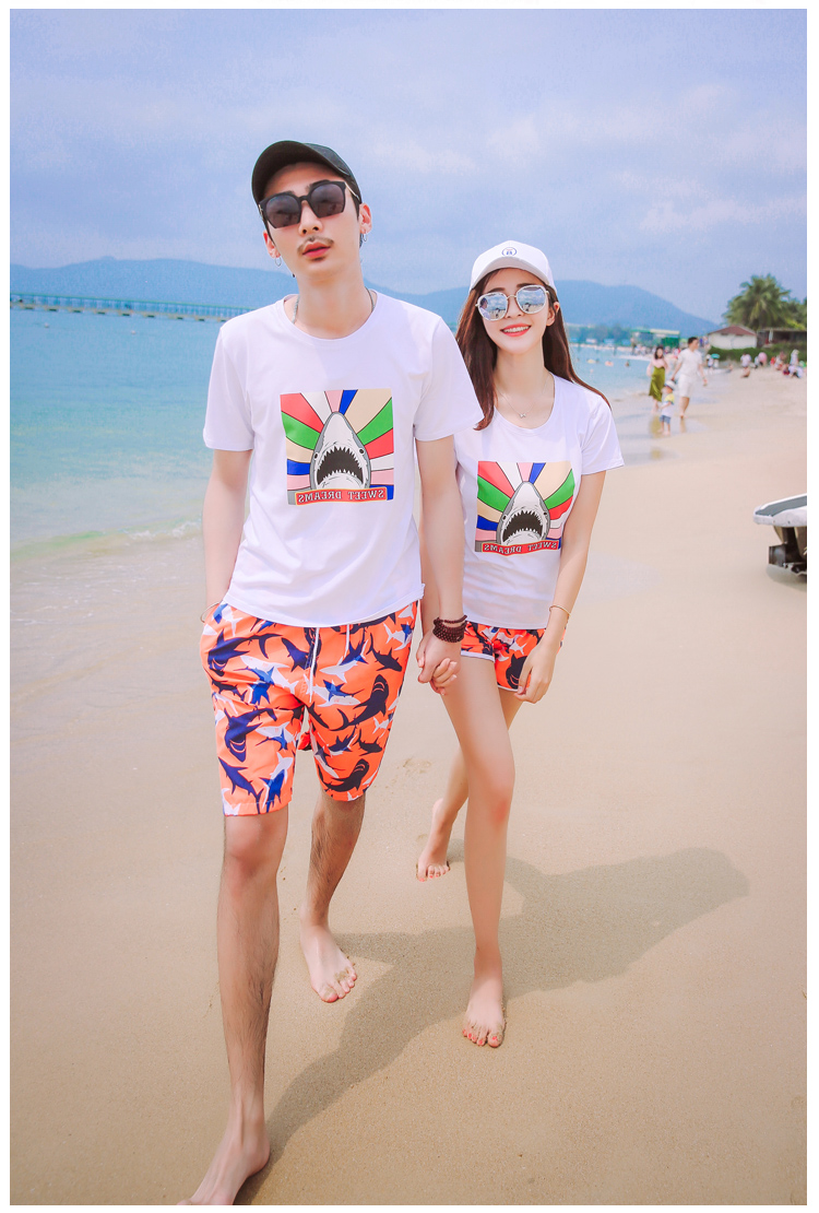情侣装速干沙滩裤海边度假5分短裤棉印花恤蜜月旅行男女短袖套装
