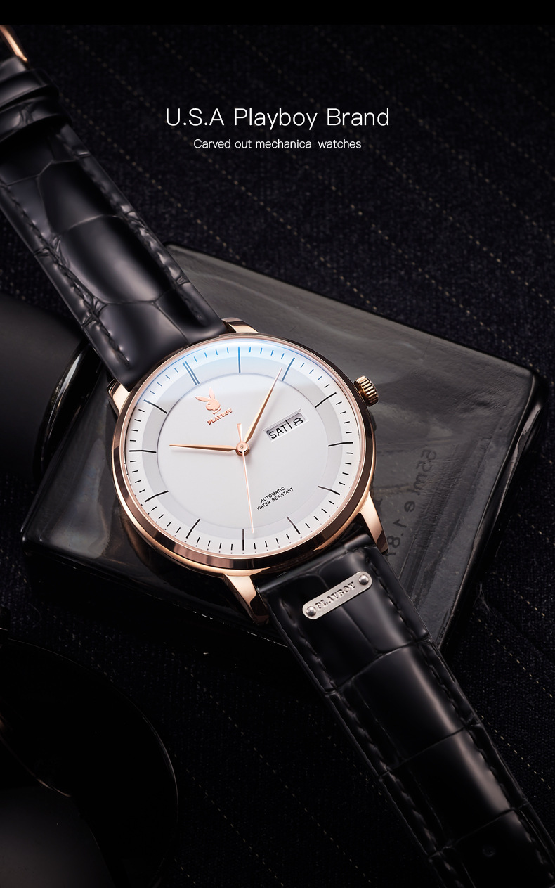 花花公子(playboy)男士手表 欧美品牌全自动机械表时尚正品简约防水
