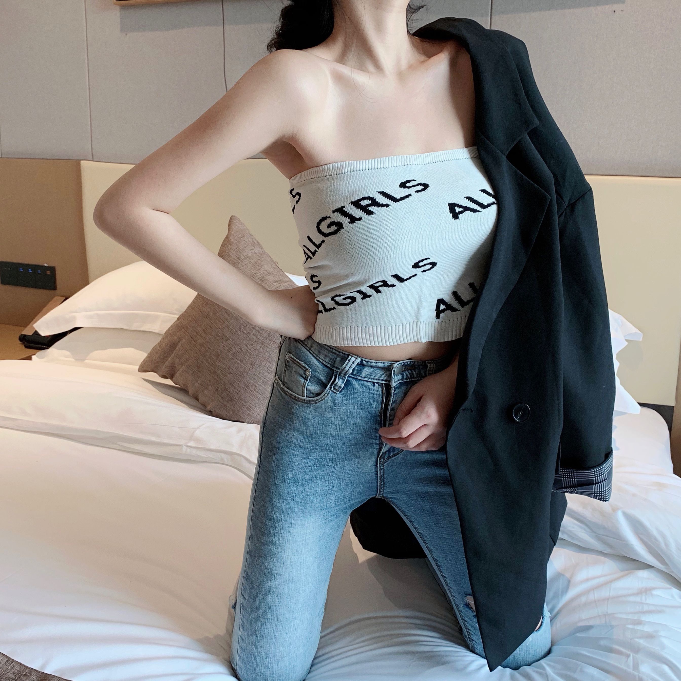 打底衫性感黑色内搭抹胸露脐内外穿上露肩聚拢裹胸背心女潮