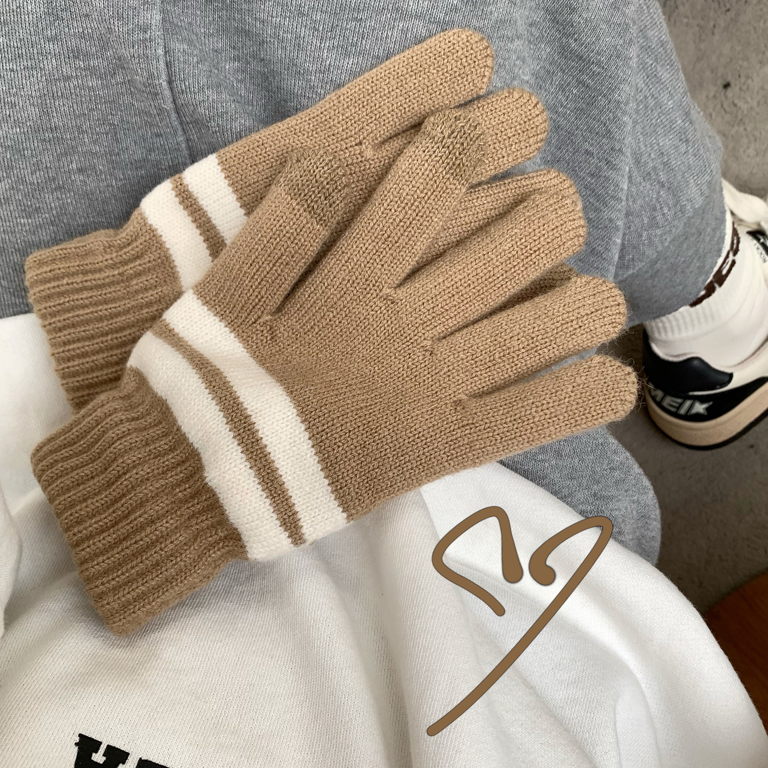 粥可可可触屏五指条纹手套冬季女骑车可爱ins秋冬保暖防冻手套男fish