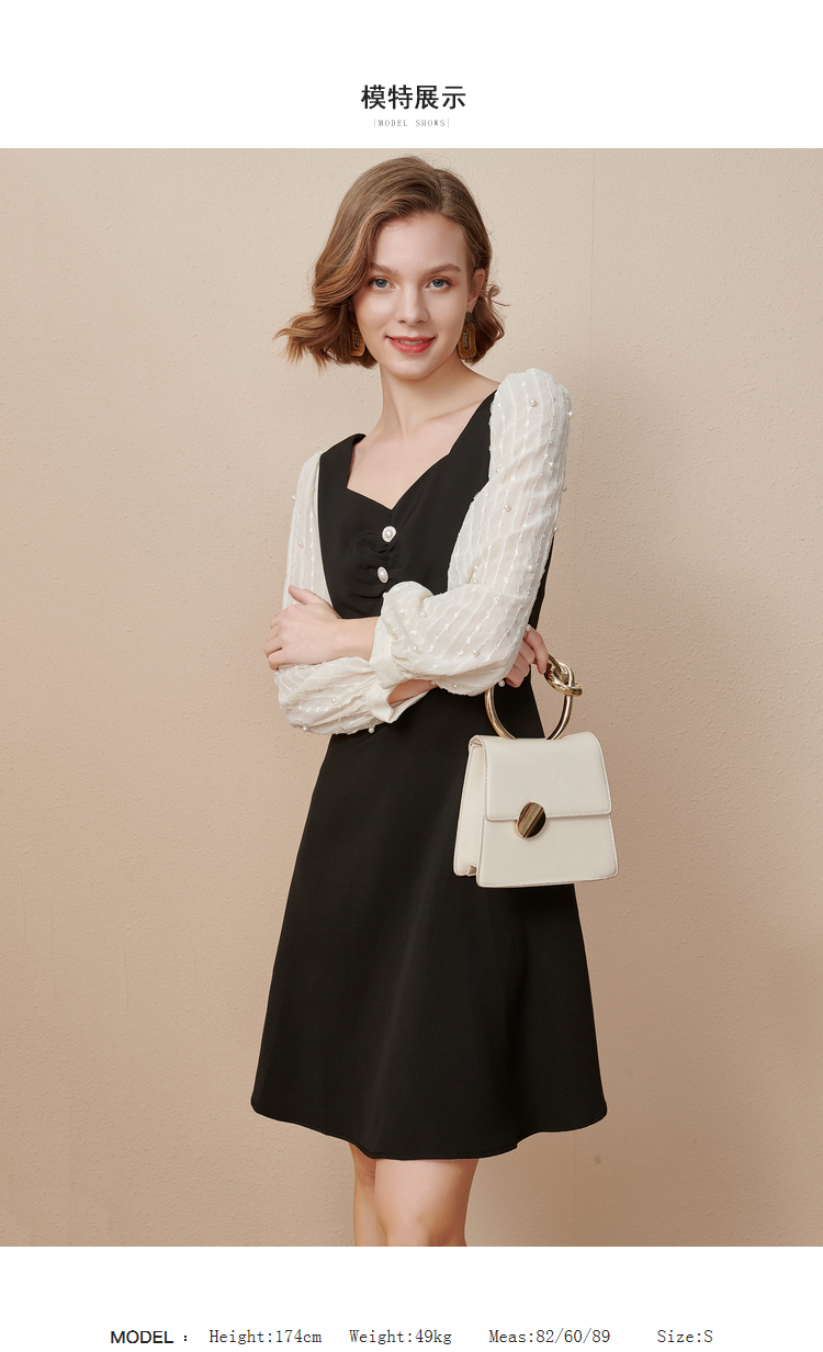 欧昵雪复古方领拼接雪纺长袖收腰连衣裙女显瘦a字裙