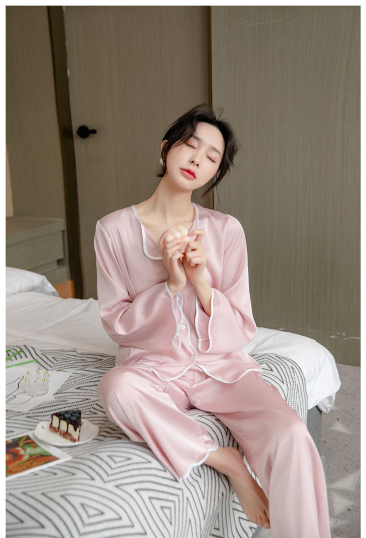 冰丝睡衣女夏秋季极柔超薄高档冰丝缎面雪纺韩版女士家居服套装 白色