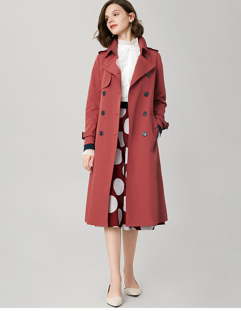 晚白2020秋冬新品通勤简约纯色翻领长袖修身收腰系带长风衣外套女