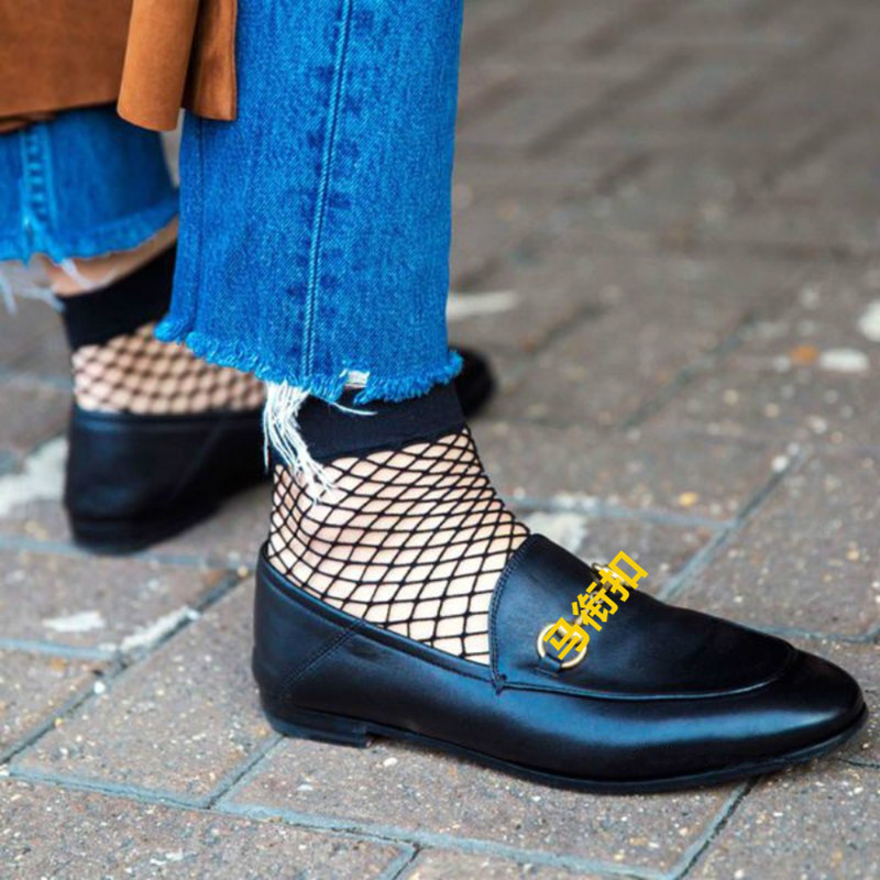 广赫女士圆头单鞋612530913399 春秋踩脚鞋 一脚蹬乐福鞋金属扣马衔扣