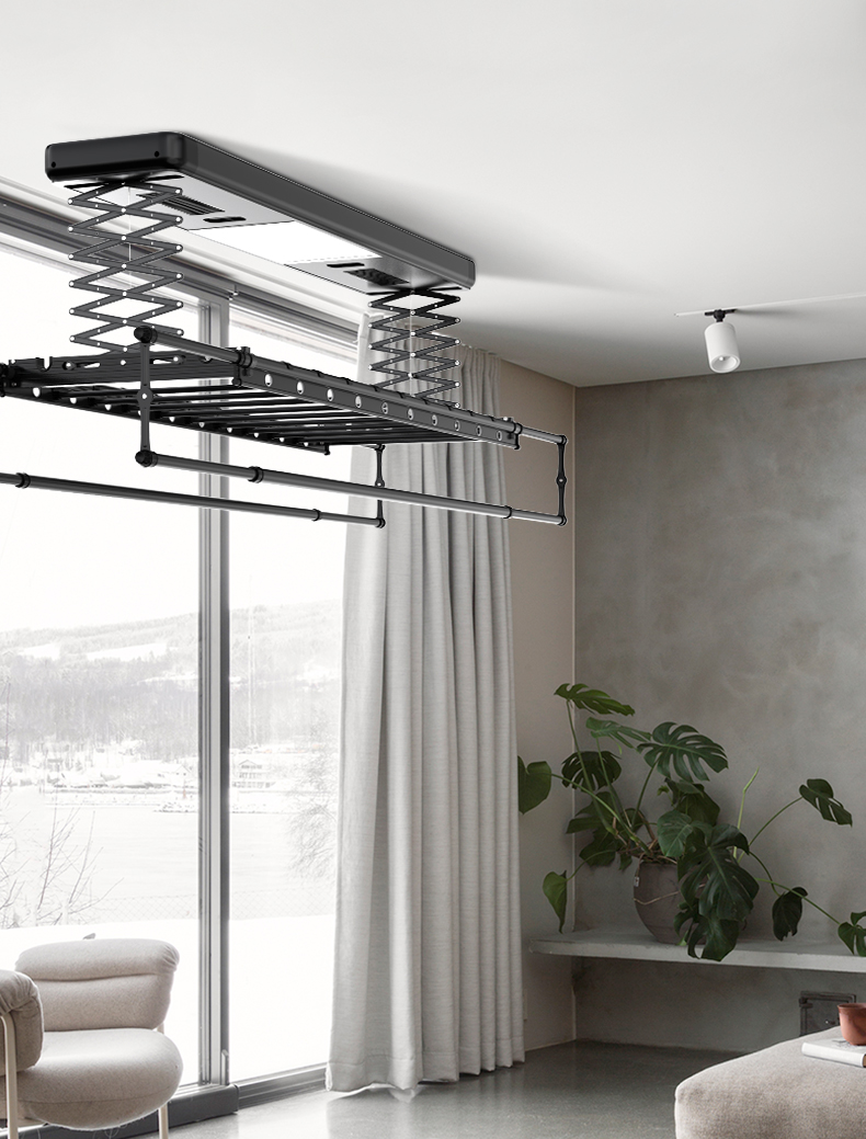 黑色电动晾衣架阳台升降双杆智能遥控晒衣架闪电客家用自动晾衣杆