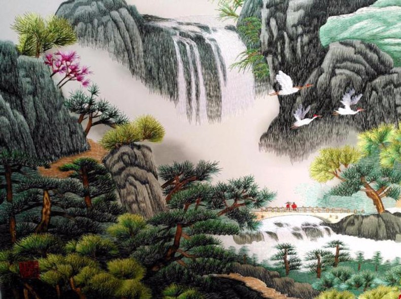 祺匠屋新中式山水画苏绣客厅装饰画国画刺绣画成品苏绣客厅画沙发背景