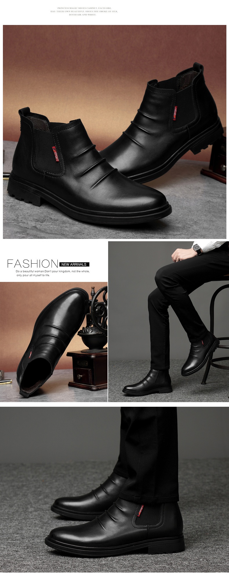 男士皮靴6388 公牛四季男鞋高帮皮鞋45大码46英伦短靴男47内增高6cm