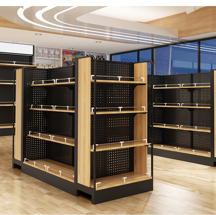 超市货架展示架带挂钩便利文具店钢木层板端头单面组合零食置物架