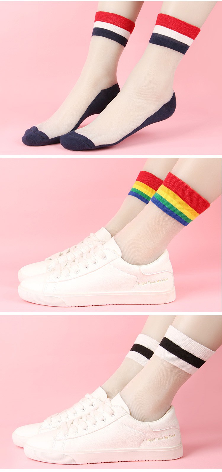 女士超薄中筒玻璃丝袜水晶丝条纹运动袜棉底女中筒潮流休闲袜费琳