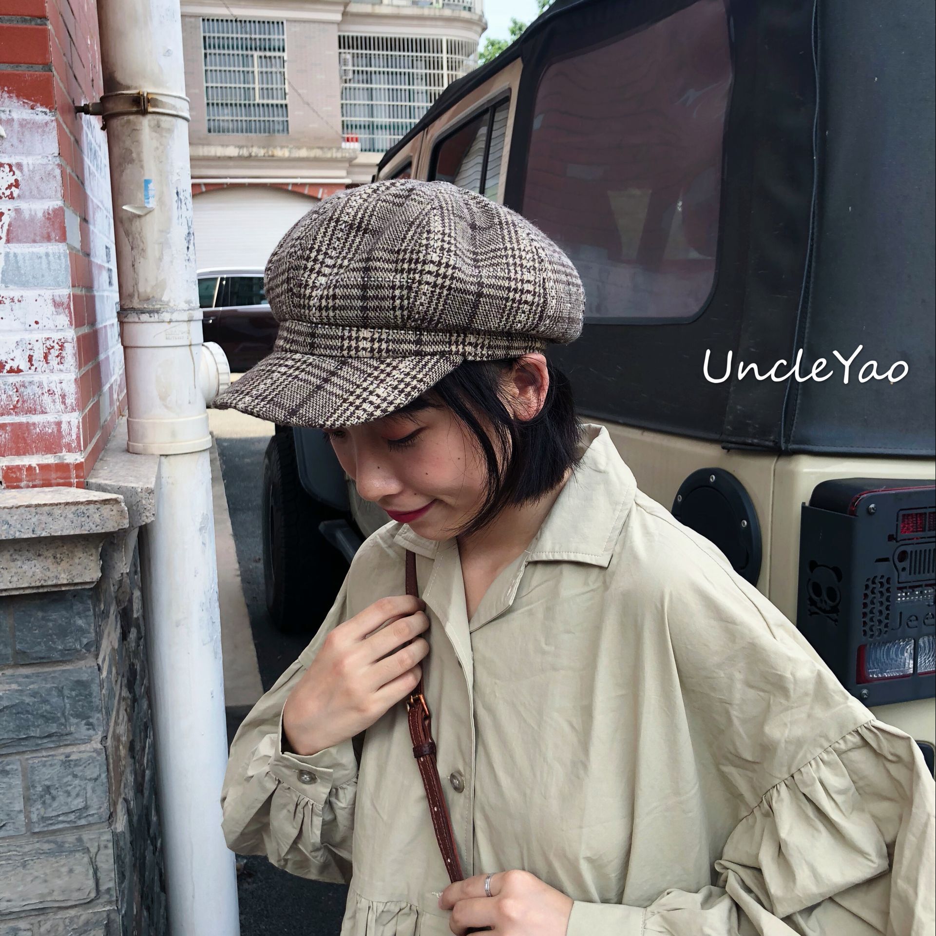uncleyao卖报啦秋冬百搭日系文艺复古格纹报童帽鸭舌帽子男女墨斗潮品