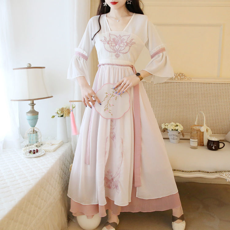 古装服装仙女飘逸清新淡雅汉服夏女改良古风连衣裙中国风日常裙子粉红