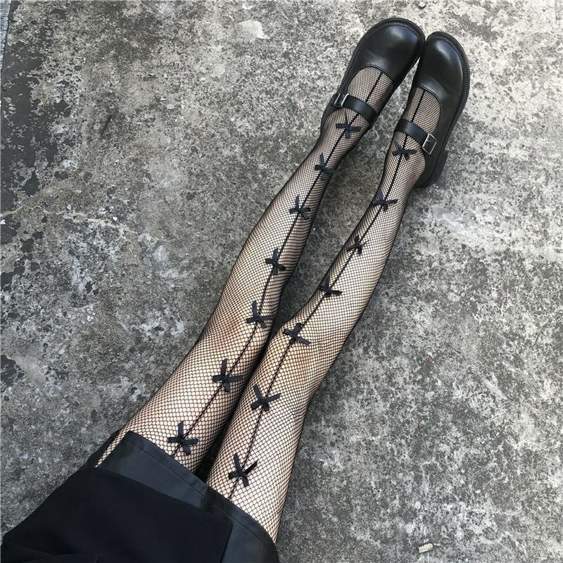 加肥加大码胖妹妹200斤黑色渔网袜暗黑长筒蝴蝶结袜女jk镂空黑色加肥