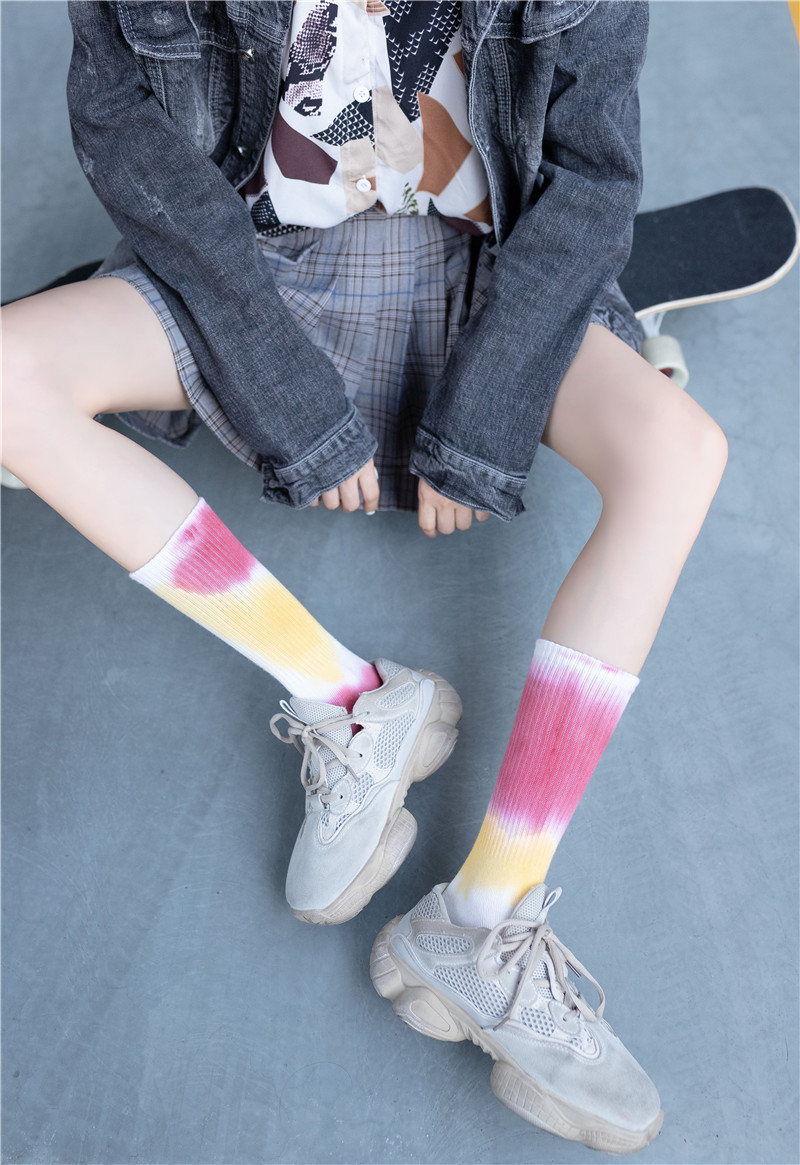 高端aj扎染中长筒袜街头潮流高帮潮袜男女纯棉袜子篮球滑板彩色袜
