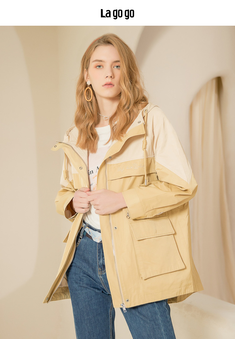 lagogo旗舰店新款撞色连帽插肩袖风衣女外套混色y0165l40