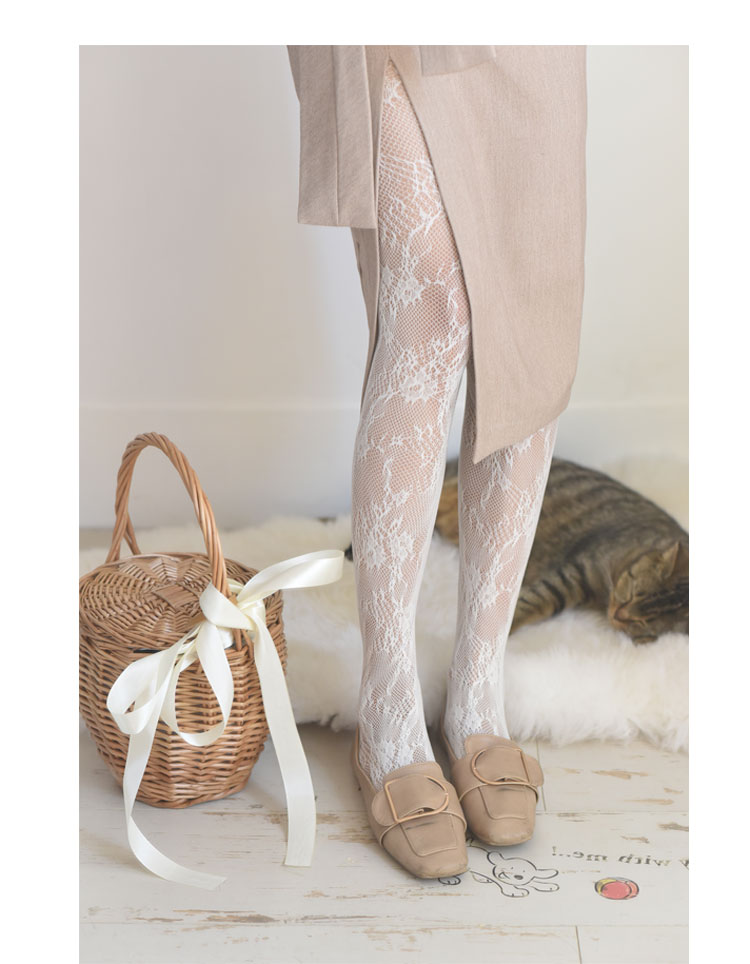 法式优雅白色复古蕾丝网袜ins风日系古着感镂空提花连裤袜丝袜女卓