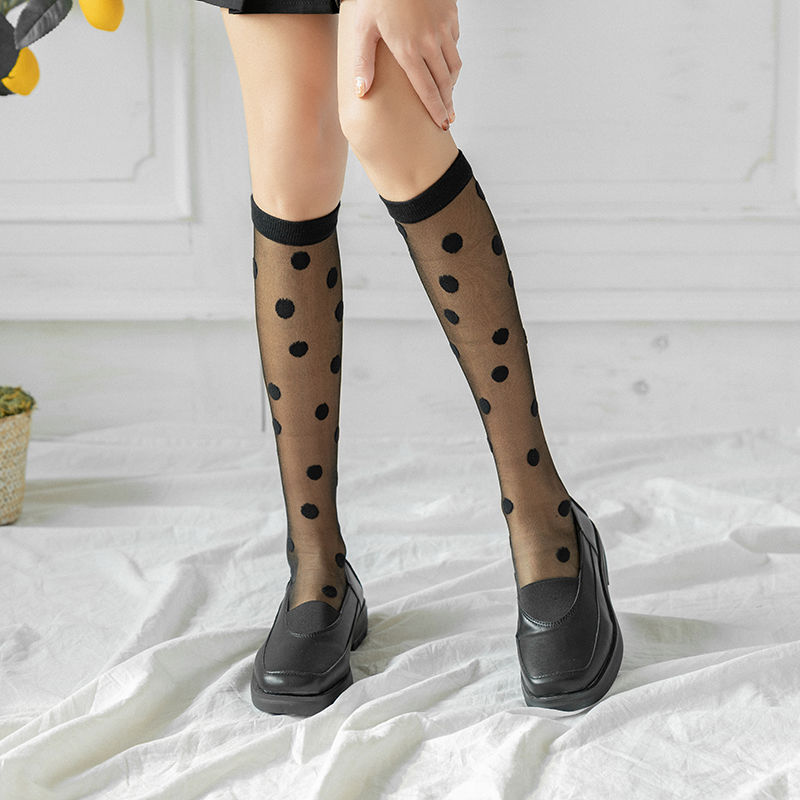 小腿袜子女夏季薄款中筒袜透明玻璃丝长袜及膝袜ins潮长筒水晶袜圆点