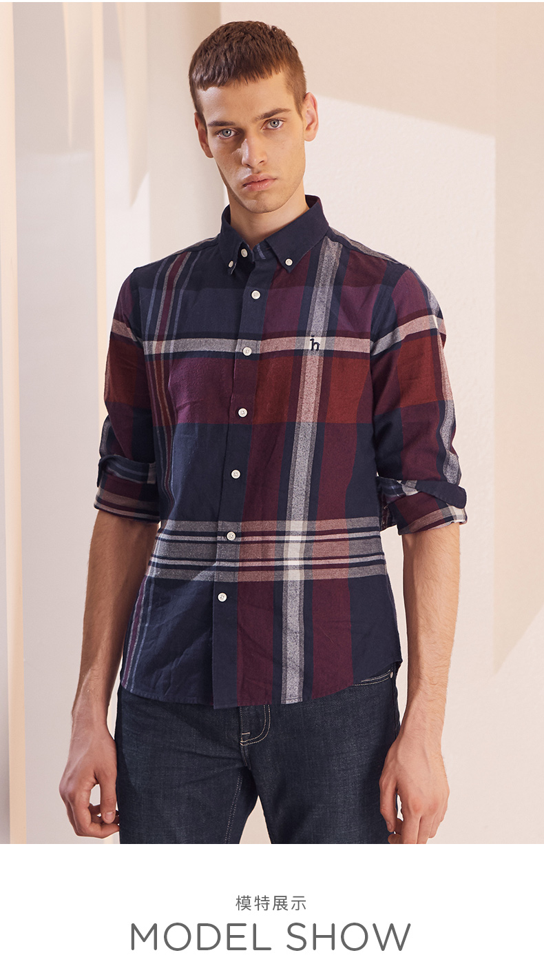 哈吉斯hazzys秋冬新款衬衫男英伦风尚格纹长袖衬衫