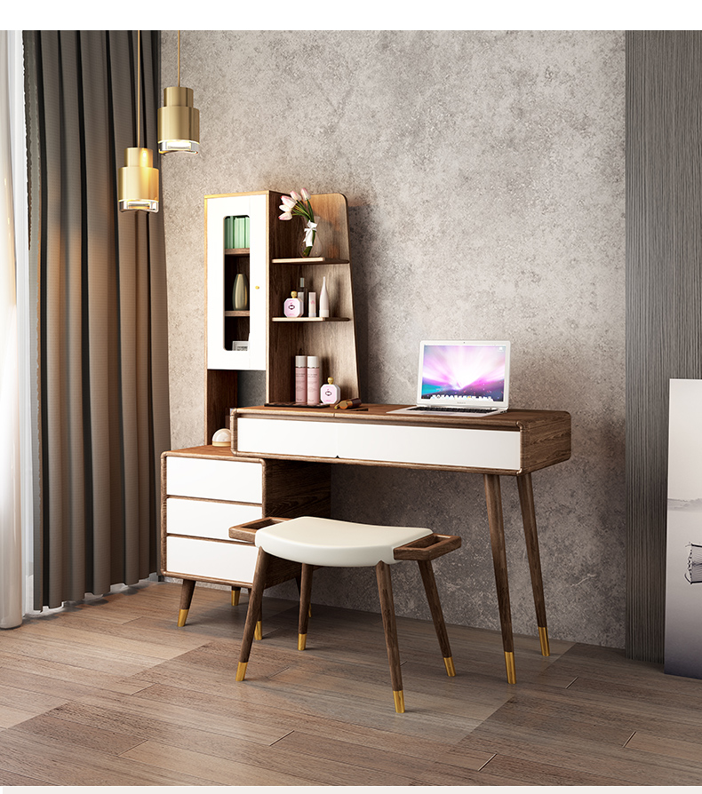 杞瑾北欧梳妆台小户型书桌一体梳妆桌电脑桌带书架翻盖伸缩妆台