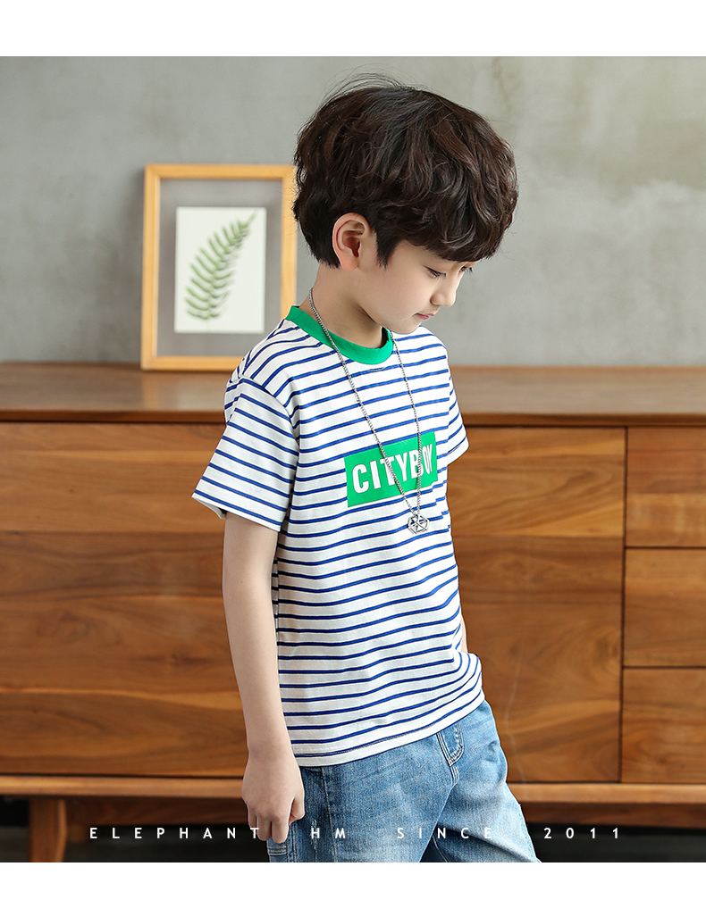 童装男童夏天短袖t恤儿童半袖条纹t恤衫2021新款中大童潮蓝白条纹110