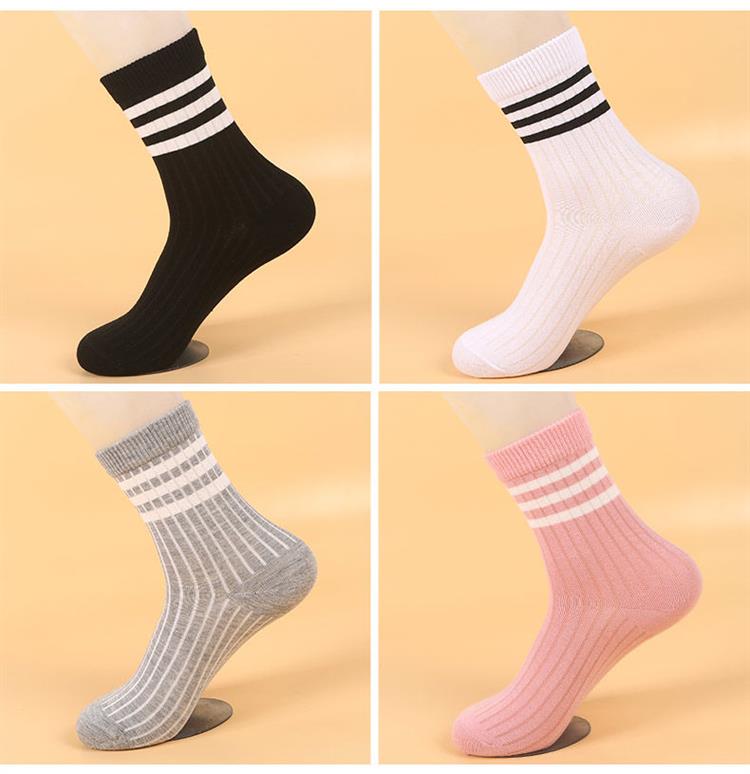 女士春秋冬季中筒休闲棉袜子简约中长腰纯色三道杠日系韩版网红款