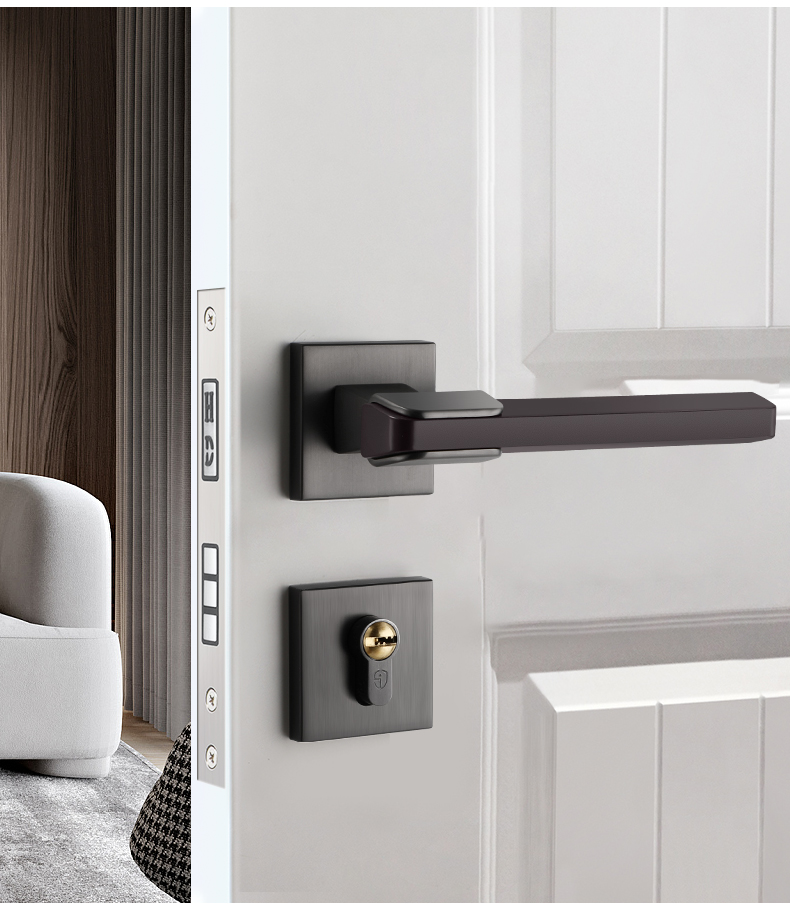 jingping现代门把手室内卧室房门锁磁吸分体锁黑钢色家用实木门锁