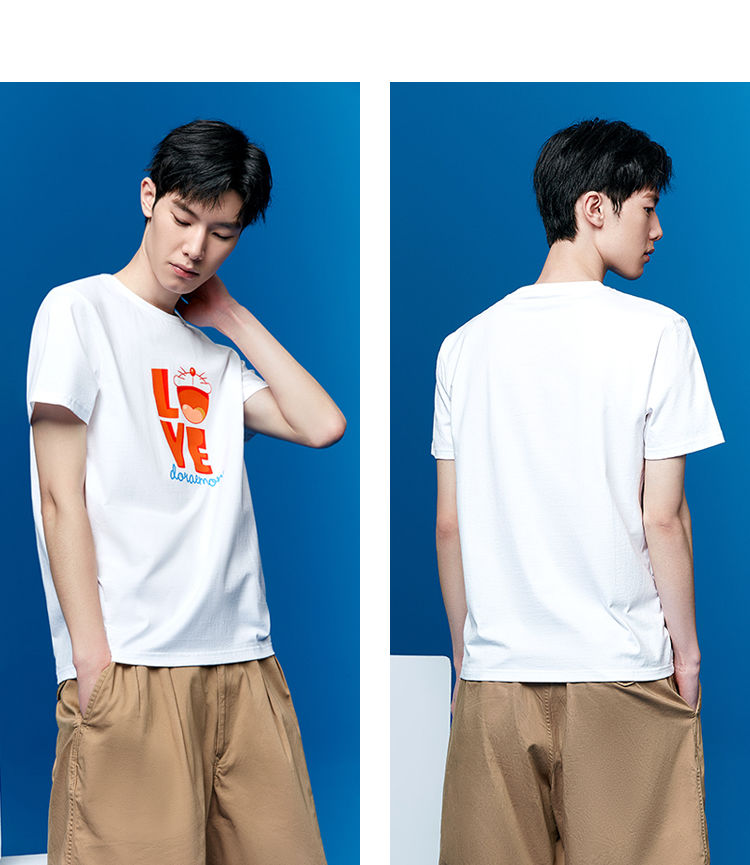 hla海澜之家哆啦a梦男士体恤潮流夏季新疆棉短袖t恤2021新款粉红花纹