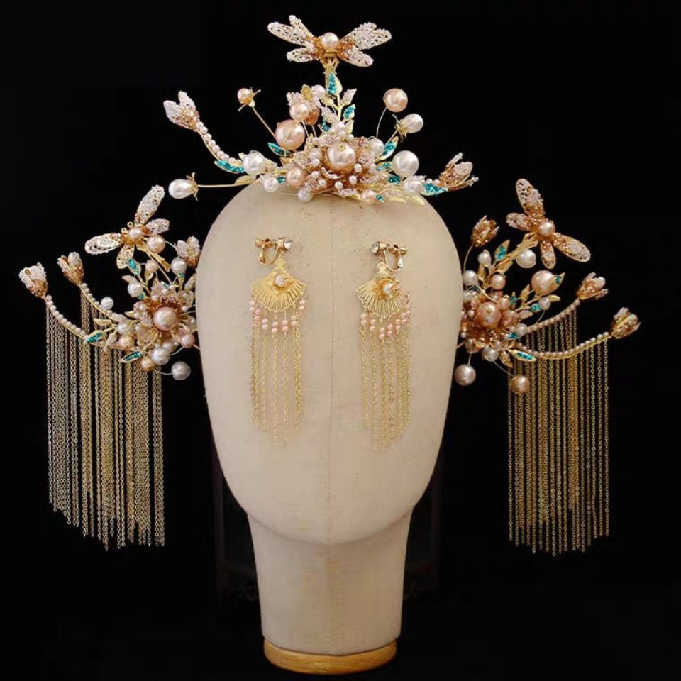 手工珍珠头饰金色中式秀禾服大气流苏步摇凤冠婚礼饰品显脸小耳勾款