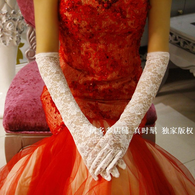 手套女加长款新娘婚纱手套礼服旗袍蕾丝手套过肘结婚保暖绣花手套黑色