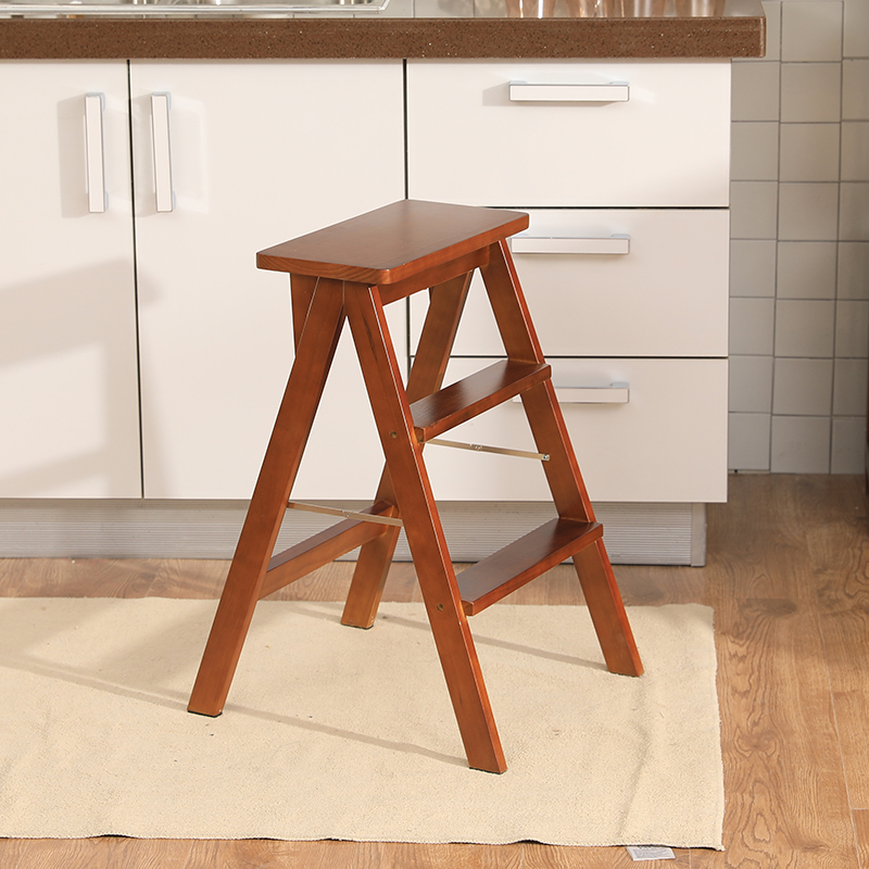 家用实木折叠梯凳创意多功能厨房高板凳简约登高小梯子便携吧台凳