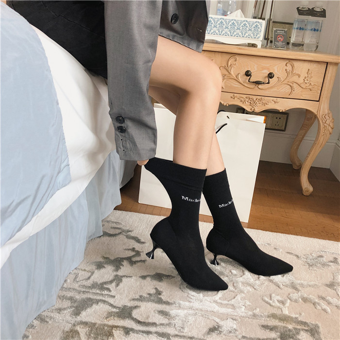 热卖manruolin新款尖头细跟低跟袜靴女社会糖果色字母时尚网红瘦瘦靴