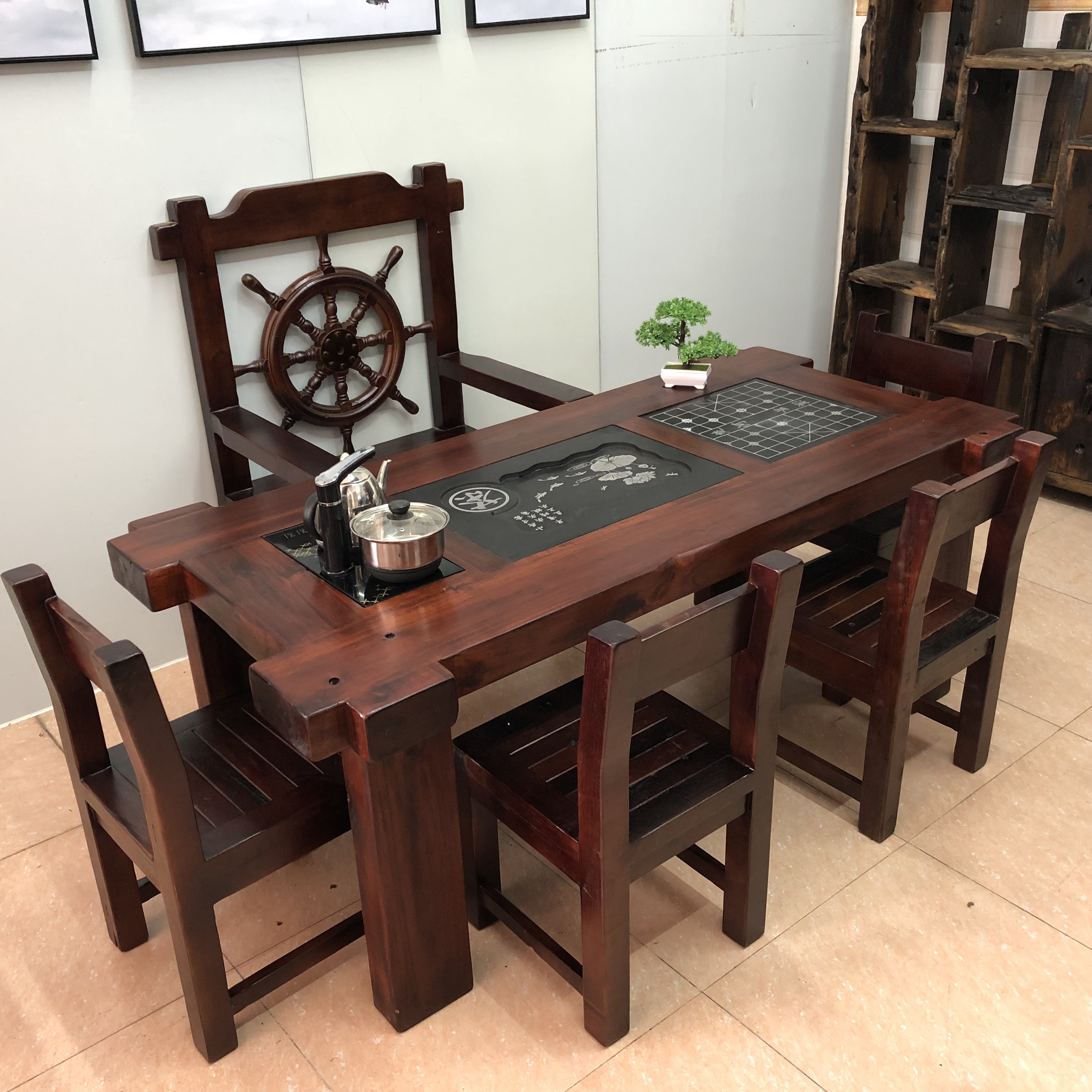 星星老船木茶桌椅组合中式仿古实木家具套装功夫小茶几家用办公泡茶台