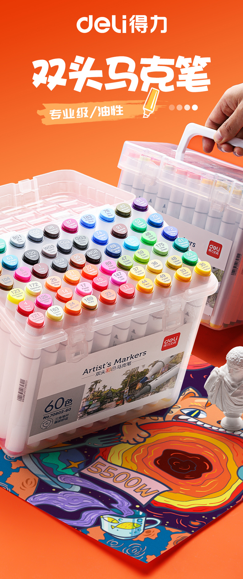得力deli笔类马克笔套装小学生初学者双头水彩笔绘画笔12色48色60色24