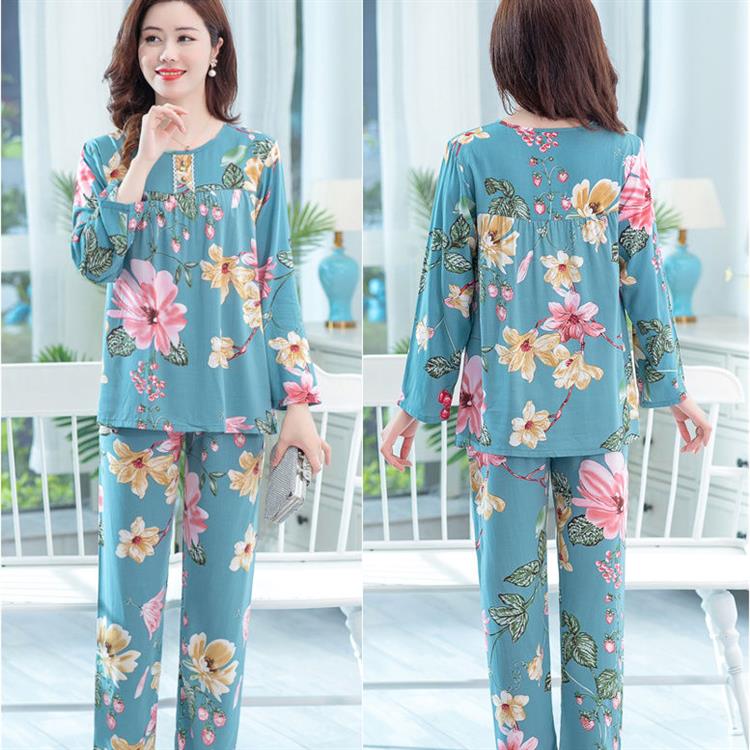 新品春季夏天薄款棉绸女士长袖睡衣套装人造棉透气中青年家居服