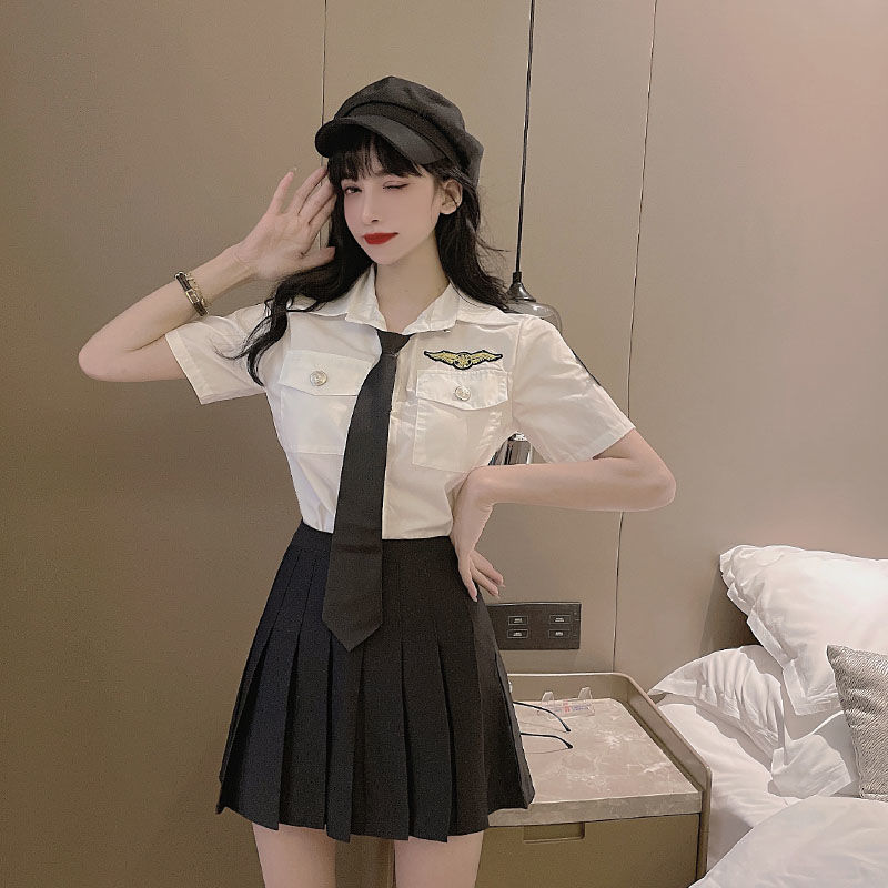 日系空姐jk制服套装女夏季短袖领带衬衣配百褶裙洋气职业两件套单件黑