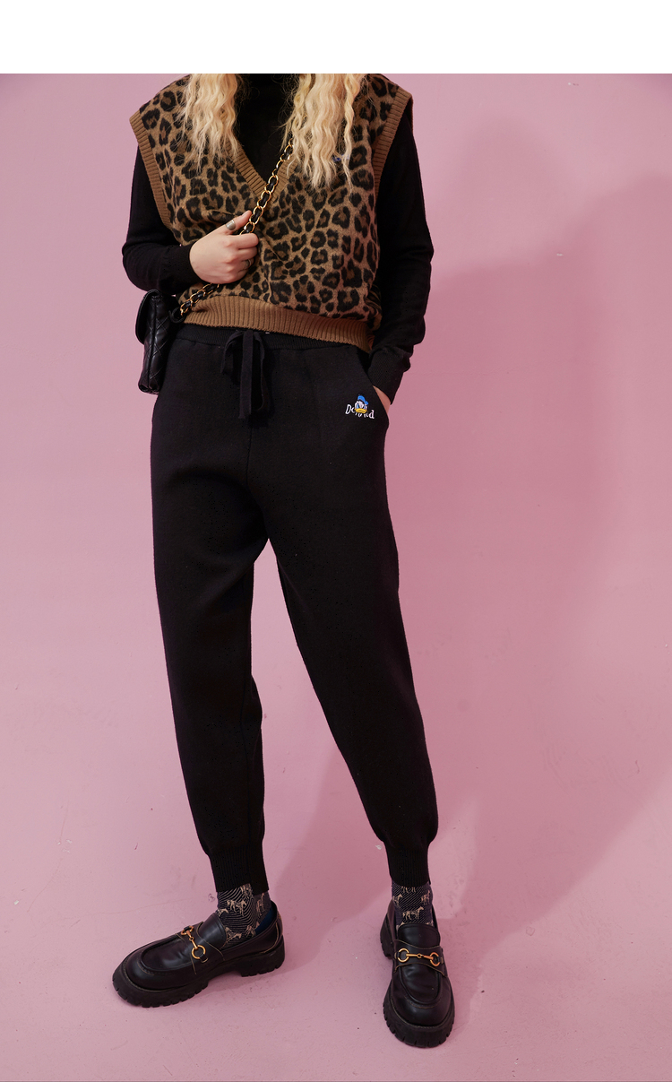 唐老鸭联名妖精的口袋黑色毛织束脚裤子女2020秋季运动裤