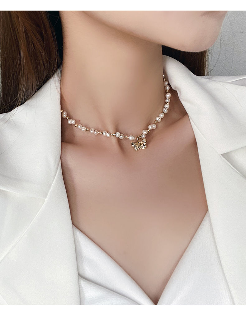 蝴蝶锁骨链caromay蝴蝶淡水珍珠项链ins不掉色choker短款锁骨链女超仙