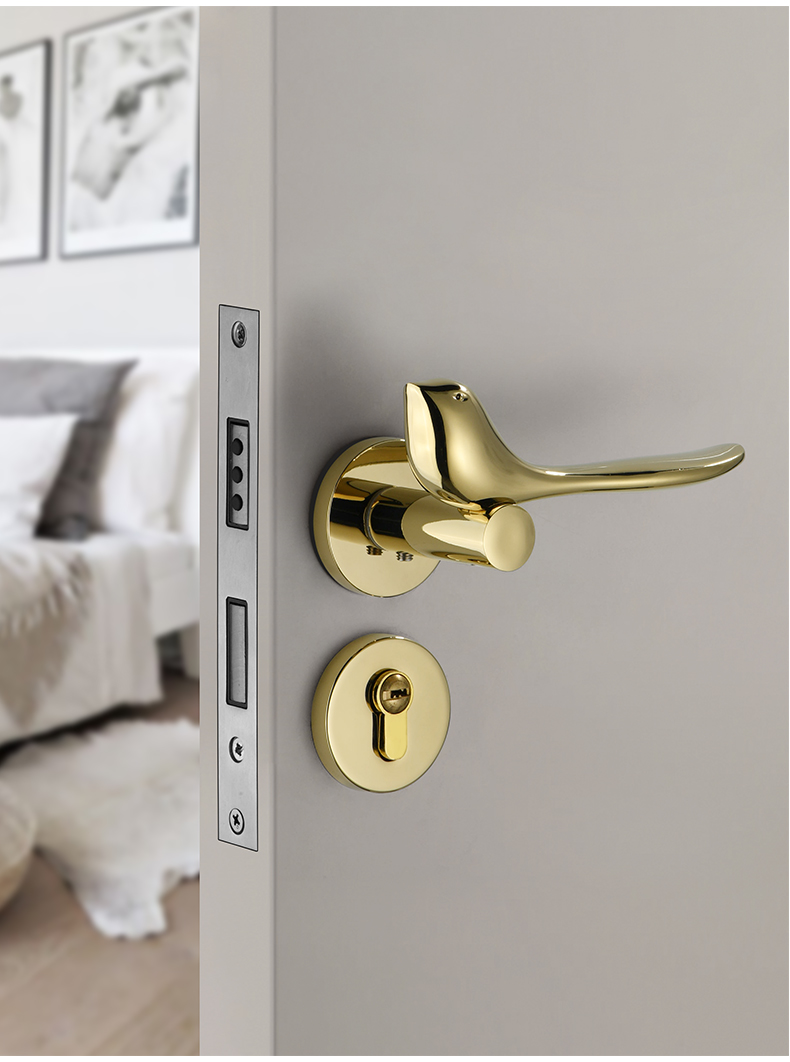 jingping金色门锁室内卧室通用型磁吸房门锁小鸟分体锁家用门把手锁具