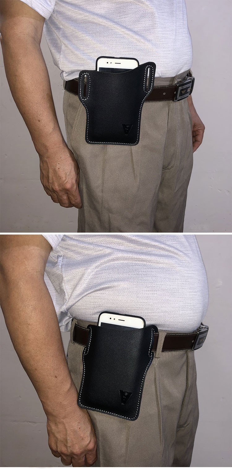 新款手机腰包男穿皮带竖款腰间手机套腰带腰包工作男式超薄手机袋黑色