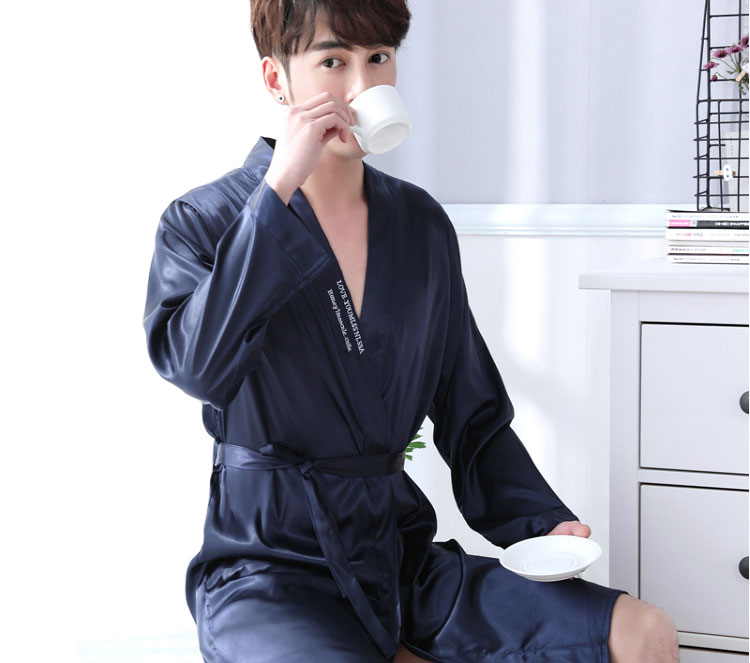 睡袍男夏季冰丝短袖薄款性感丝绸浴袍浴衣男士夏天丝质睡衣家居服