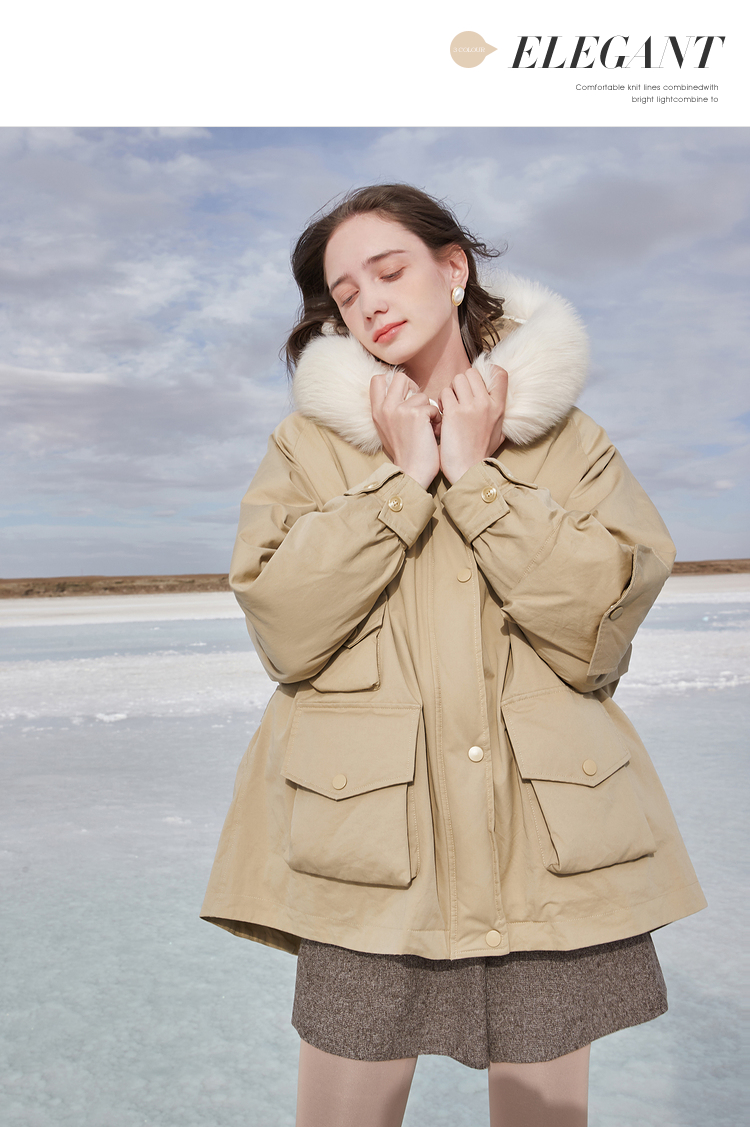 三彩2020冬季新款连帽狐狸毛大毛领白鸭绒羽绒服宽松派克服女