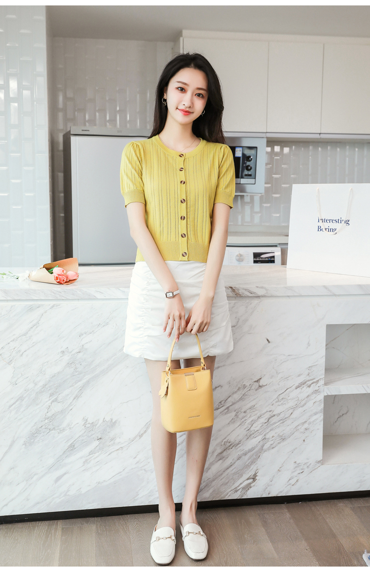 枫述网红同款绿色针织开衫女春夏季新款韩版修身外穿短款冰丝短袖上衣